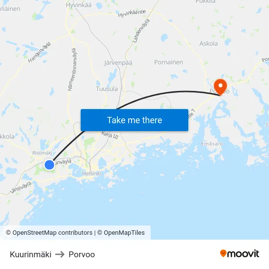 Kuurinmäki to Porvoo map