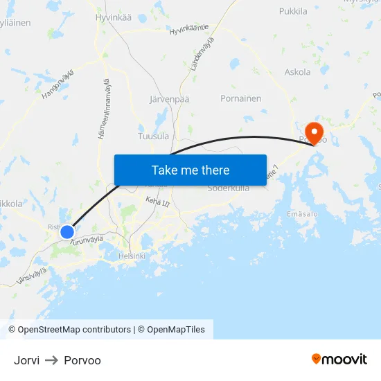 Jorvi to Porvoo map