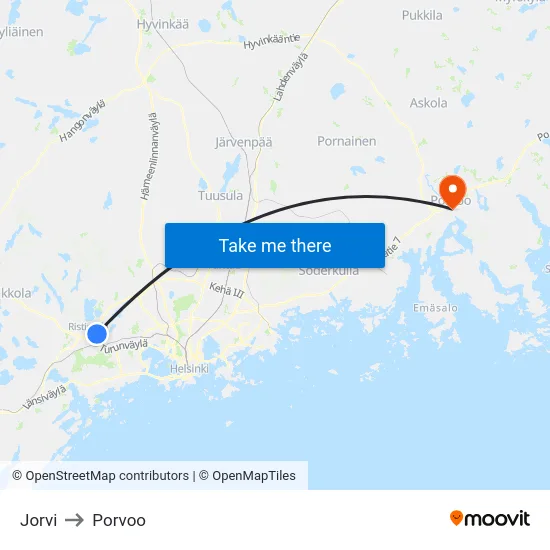 Jorvi to Porvoo map