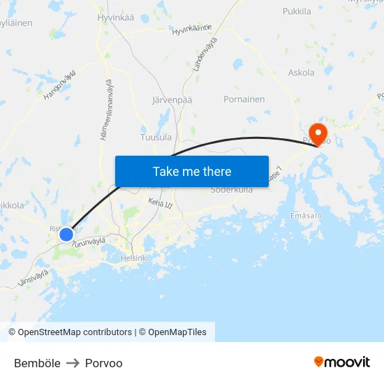 Bemböle to Porvoo map