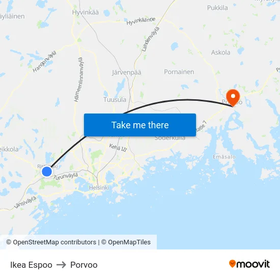 Ikea Espoo to Porvoo map