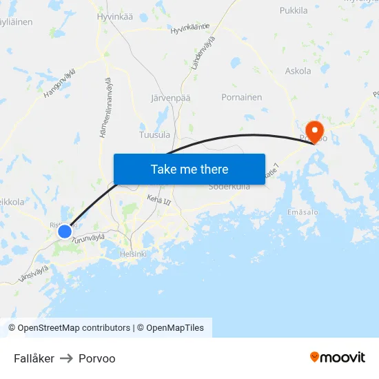 Fallåker to Porvoo map