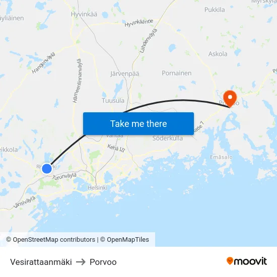 Vesirattaanmäki to Porvoo map