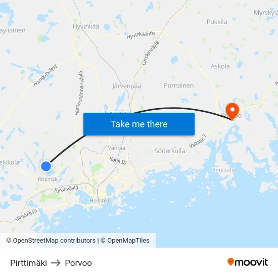 Pirttimäki to Porvoo map