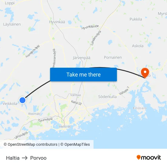 Haltia to Porvoo map