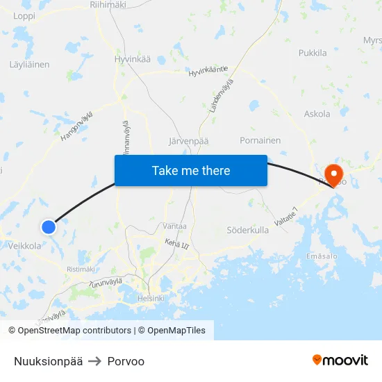 Nuuksionpää to Porvoo map