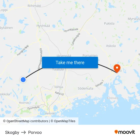 Skogby to Porvoo map