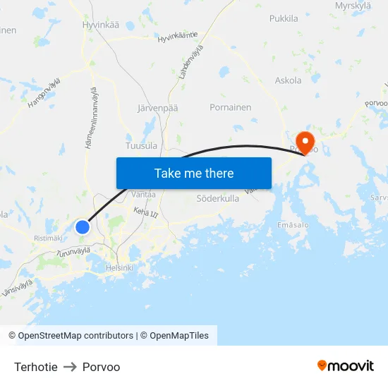 Terhotie to Porvoo map