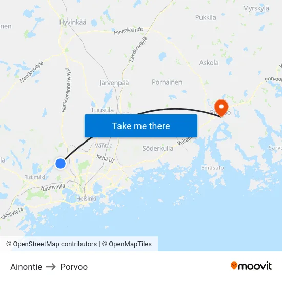 Ainontie to Porvoo map