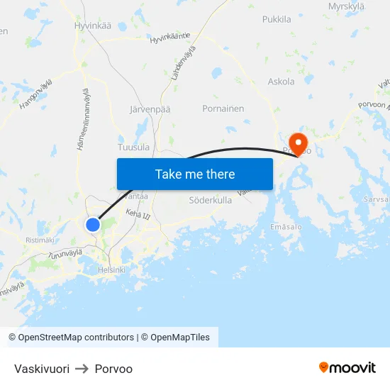 Vaskivuori to Porvoo map