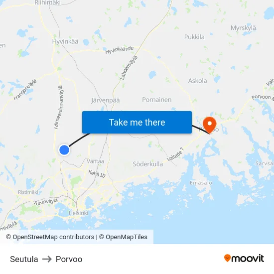 Seutula to Porvoo map