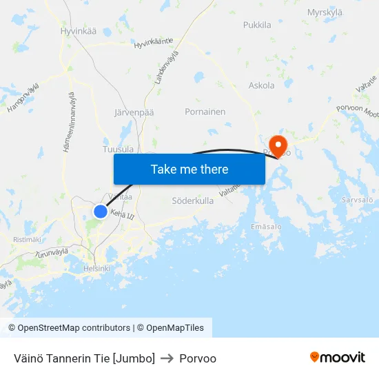 Väinö Tanner Road [Jumbo] to Porvoo map