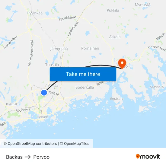 Backas to Porvoo map