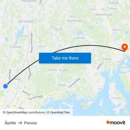 Äyritie to Porvoo map
