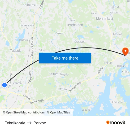 Teknikontie to Porvoo map