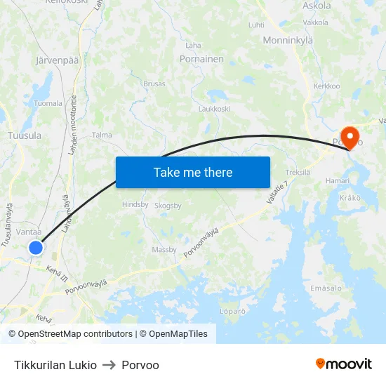 Tikkurilan Lukio to Porvoo map