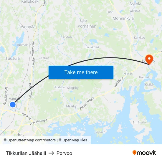 Tikkurilan Jäähalli to Porvoo map