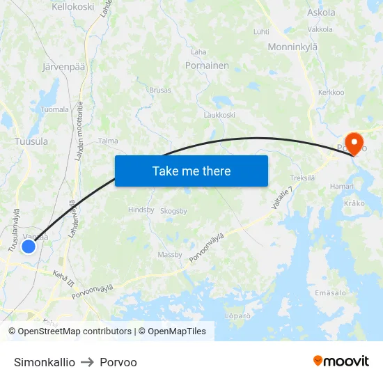 Simonkallio to Porvoo map
