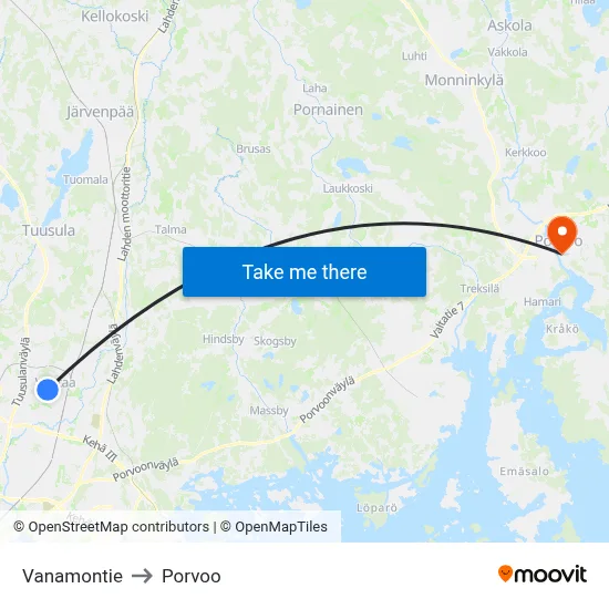 Vanamontie to Porvoo map