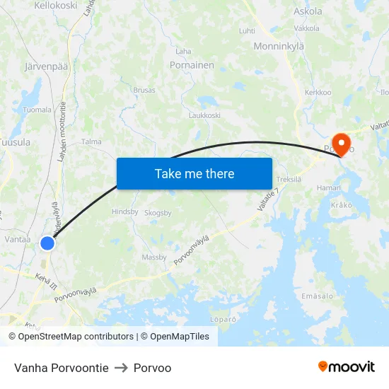 Vanha Porvoontie to Porvoo map