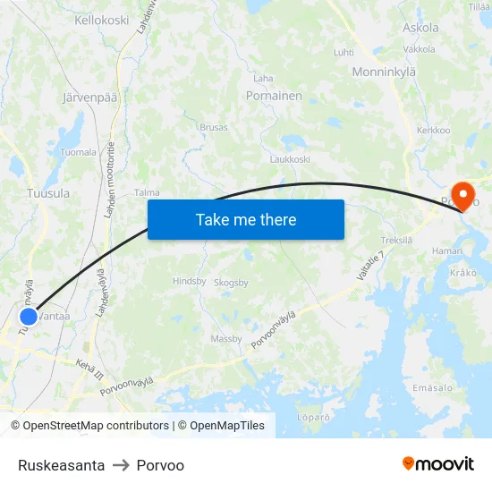 Ruskeasanta to Porvoo map