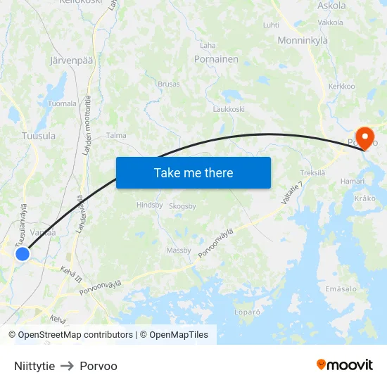 Niittytie to Porvoo map