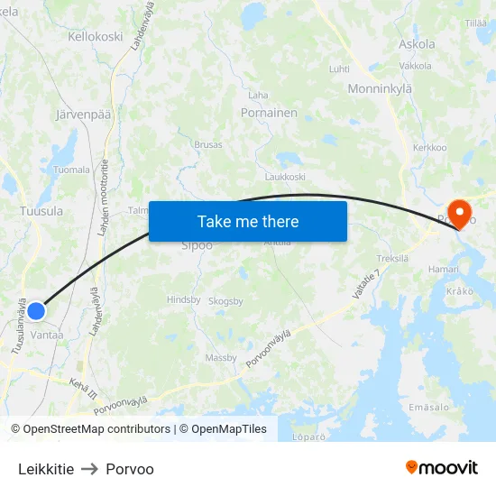 Leikkitie to Porvoo map