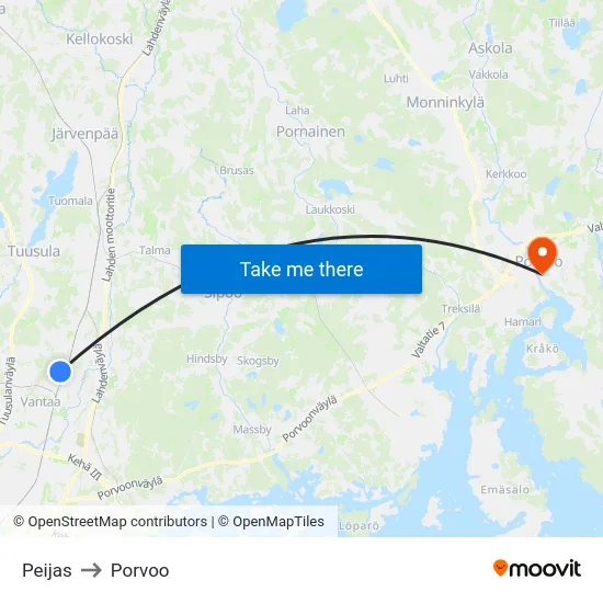 Peijas to Porvoo map