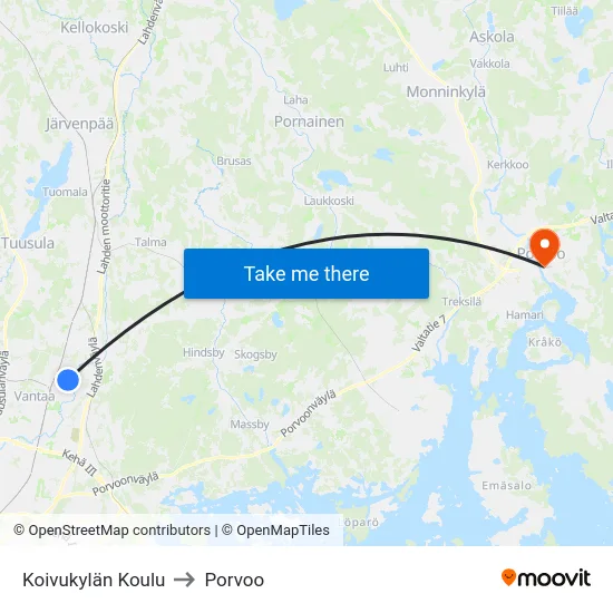 Koivukylän Koulu to Porvoo map