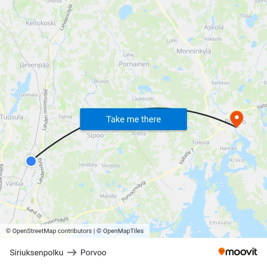 Siriuksenpolku to Porvoo map