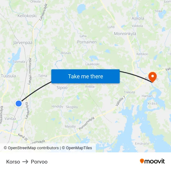 Korso to Porvoo map