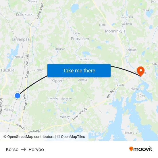 Korso to Porvoo map