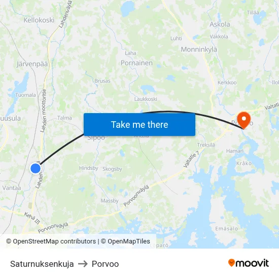 Saturnuksenkuja to Porvoo map
