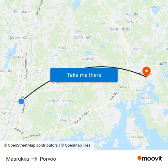 Maarukka to Porvoo map