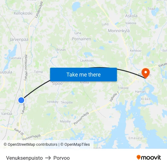 Venuksenpuisto to Porvoo map