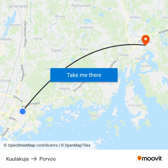 Kuulakuja to Porvoo map