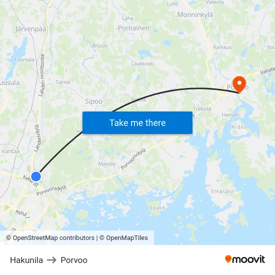 Hakunila to Porvoo map