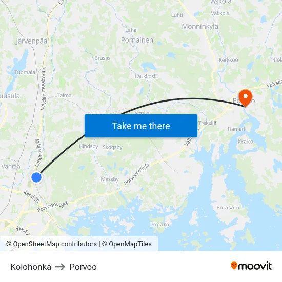 Kolohonka to Porvoo map