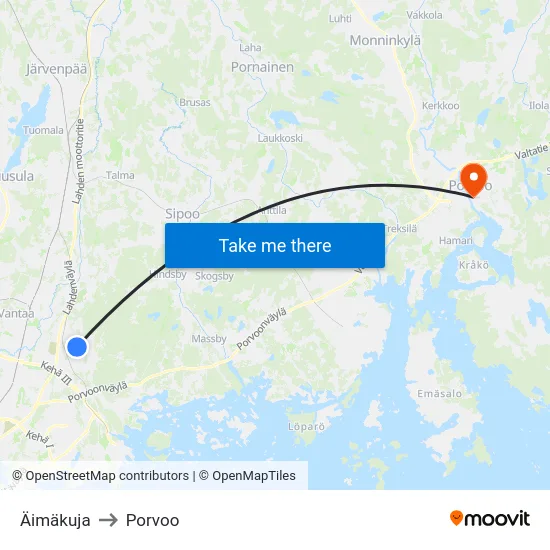 Äimäkuja to Porvoo map