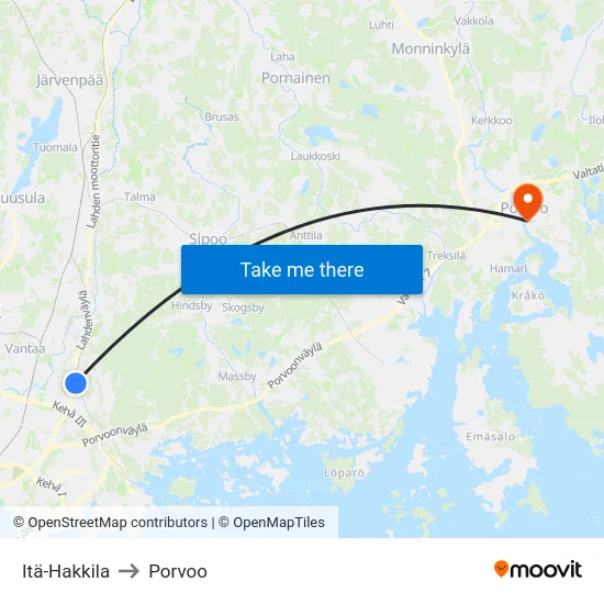 Itä-Hakkila to Porvoo map