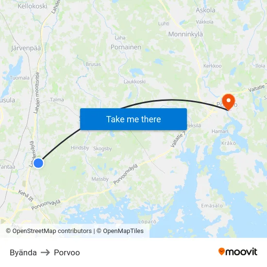 Byända to Porvoo map