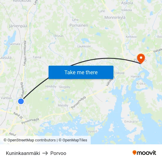 Kuninkaanmäki to Porvoo map
