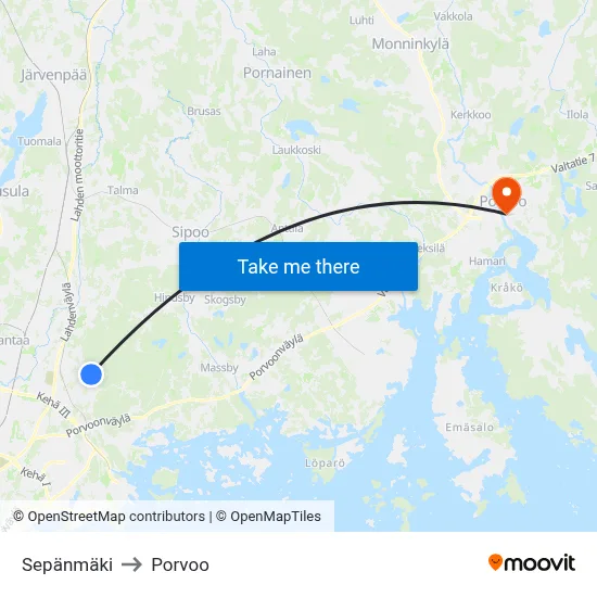 Sepänmäki to Porvoo map