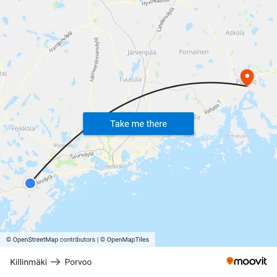 Killinmaki to Porvoo map
