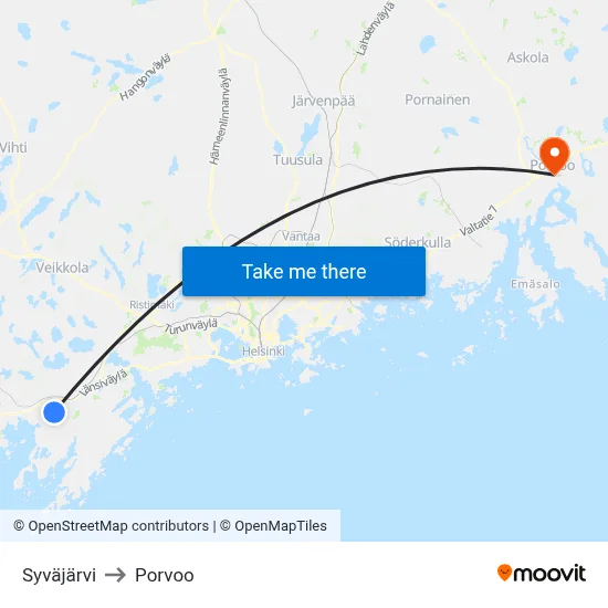 Syväjärvi to Porvoo map