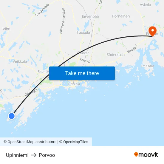 Upinniemi to Porvoo map