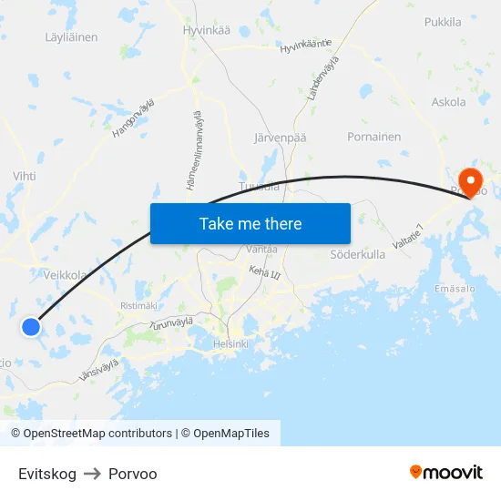 Evitskog to Porvoo map
