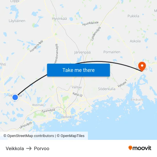Veikkola to Porvoo map