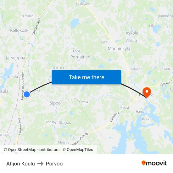 Ahjon Koulu to Porvoo map