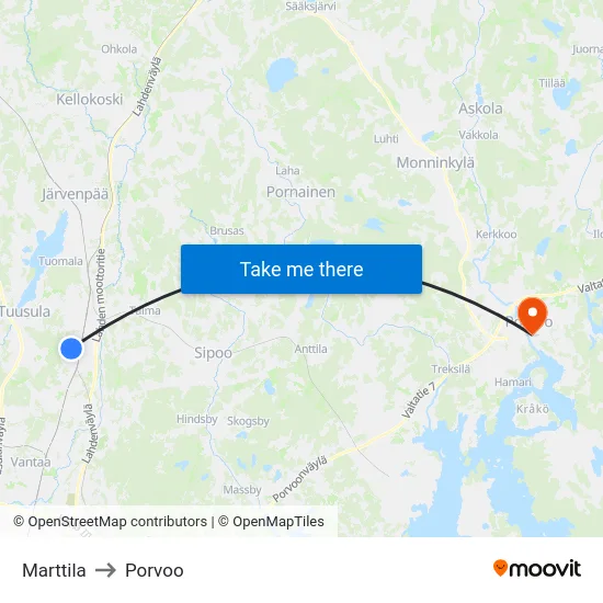 Marttila to Porvoo map